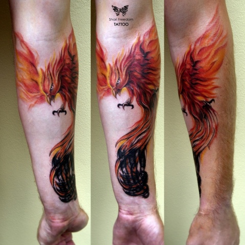 tetování fénixe v ohnivých barvách