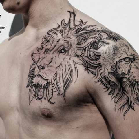 calm and angry lion tattoo